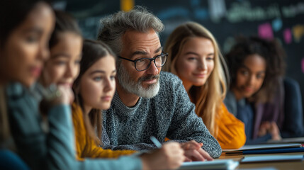 a diverse group of students and teachers collaborating in a modern classroom setting, showing various ages engaged in learning activities