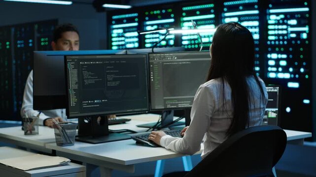 Engineer using augmented reality tech in data center, installing software, troubleshooting issues. IT expert in server hub looks at AR hologram, establishing performance benchmarks, camera A