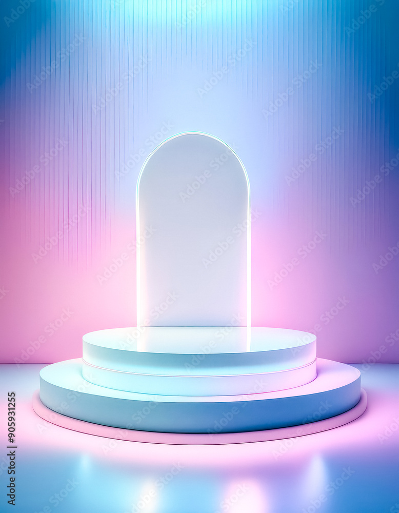 Poster abstract 3d neon background with a platform for product placement