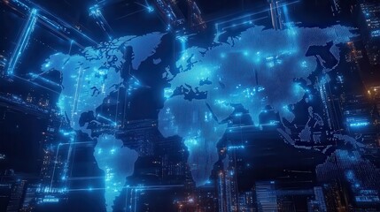 Futuristic depiction of global trade with shipping containers and world map overlay, neon blue and silver tones, highresolution, commerce theme