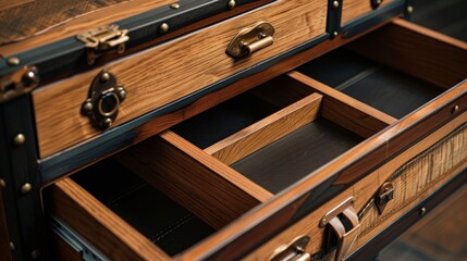 The inside of a trunk showcasing built in shelves and drawers perfect for storing accessories and smaller items.