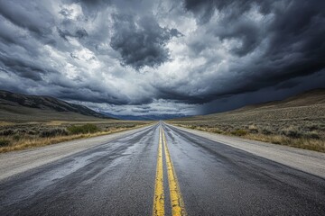 Fototapeta premium Empty highway in a remote area, with dramatic cloud formations overhead, creating a sense of isolation and grandeur 