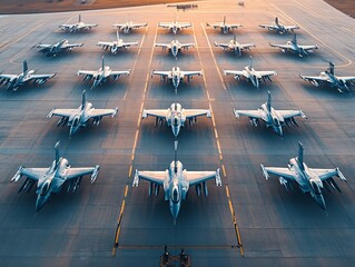 Fleet of jets lined up on an airbase, ready for deployment