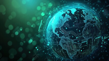 Fototapeta premium Circuit board design integrated with a globe outline, symbolizing global technological advancement, digital art, blue and green tones, hightech visual