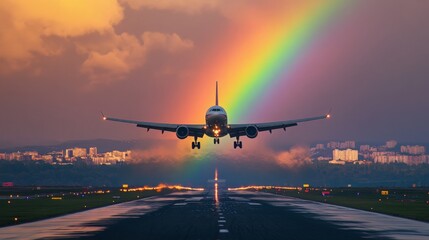Jet taking off with a rainbow visible in the sky, symbolizing hope, adventure, and the marvels of air travel 