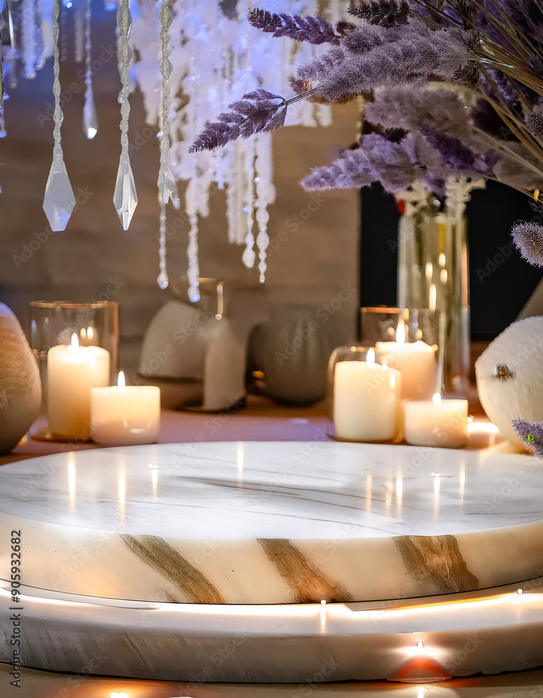 Sticker White Marble Round Podium With Candles And Dried Flowers