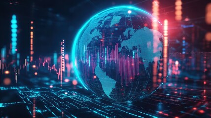 Obraz premium Digital abstract globe, bar graphs showing currency exchange rates, glowing lines, futuristic finance theme, blue and neon accents, highresolution