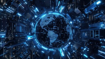 Fototapeta premium Futuristic circuit board pattern forming a globe outline, technological advancement theme, neon blue and silver, intricate details, HD background