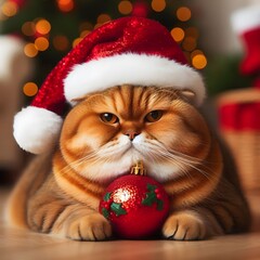 a grumpy fat cat in a christmas hat
