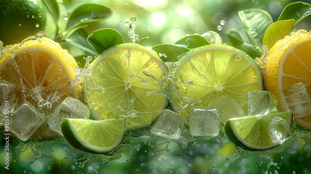 Poster generate a hyper-realistic image with a border of lemons, limes, ice cubes, and tea splash on a gree