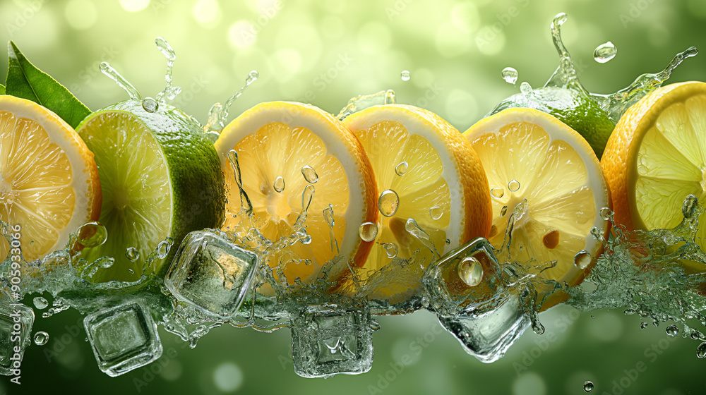 Poster generate a hyper-realistic image with a border of lemons, limes, ice cubes, and tea splash on a gree