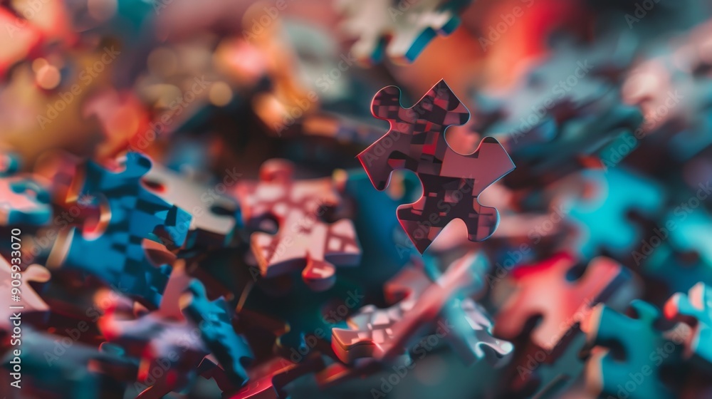 Poster a captivating image of puzzle pieces falling, symbolizing the interconnectedness of teamwork, the im
