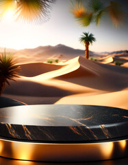 Elegant Black Marble Podium in Desert Landscape with Palm Trees