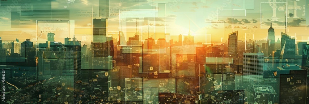 Poster a cityscape at sunrise, with a layered effect of overlapping windows representing digital transforma