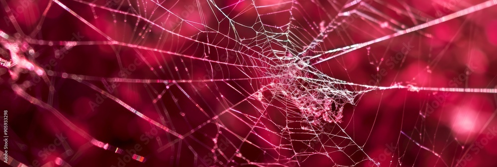 Aufkleber a close-up image of a spider web with delicate strands against a blurred red backdrop, symbolizing f