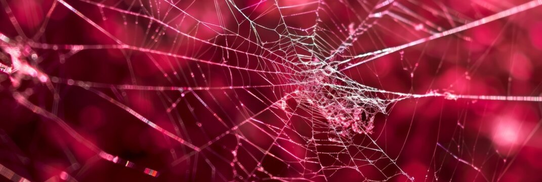 A close-up image of a spider web with delicate strands against a blurred red backdrop, symbolizing fragility, intricate design, natural beauty, connectivity, and the passage of time.