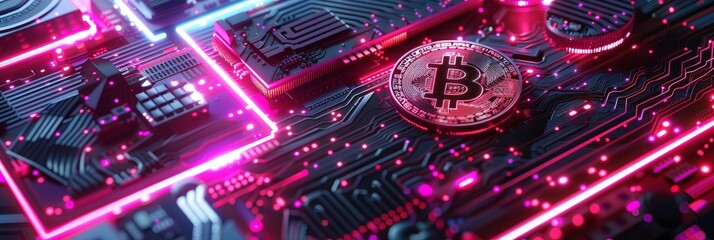 Obraz premium A close-up of a Bitcoin cryptocurrency coin on a circuit board with glowing neon lights. The image symbolizes technology, finance, digital currency, future, and innovation.