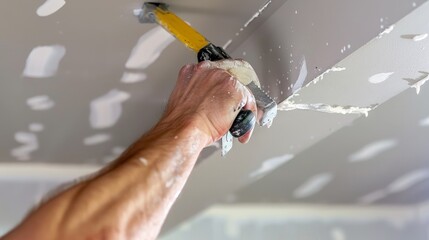A close-up of a construction worker's hand using a drywall knife to smooth out the joint compound on a ceiling, representing expertise, precision, renovation, and home improvement.