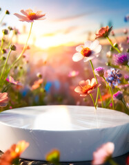White podium in a field of wildflowers with sunset sky
