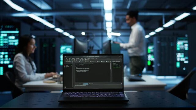 Close up of code running on laptop screen in data center used for managing gear energy consumption. Focus on notebook used by software developer in blurry background in server farm, camera B