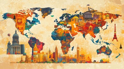 Fototapeta premium Cultural heritage visual with traditional icons on a global map, rich colors, digital illustration, modern and traditional blend, HD quality