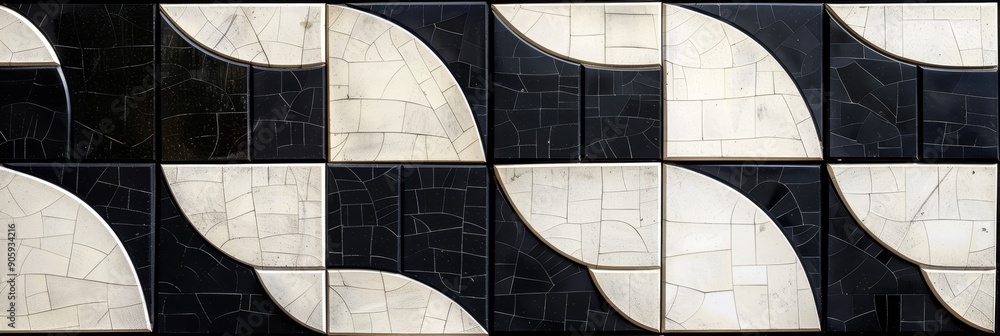 Poster a close-up shot of a black and white tile pattern, showcasing geometric shapes, curved lines, and a 