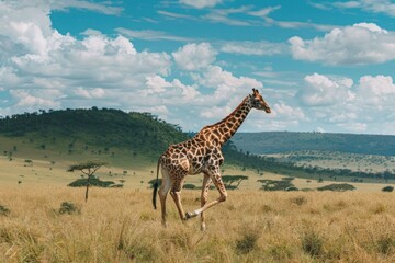 Fototapeta premium Giraffe walking through grassy field with hill and clouds serene nature landscape scene for travelers and wildlife enthusiasts