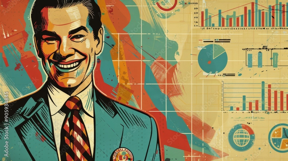Poster a confident businessman smiles while standing in front of a background of colorful charts and graphs