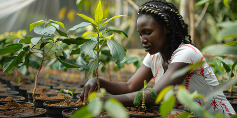 african woman. A young woman plants a tree sapling in a greenhouse, demonstrating sustainable practices for environmental preservation.