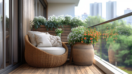 Fototapeta premium hyper realistic photo, zoomed in detail shot, product photography, cozy small terrace with a Furniture and elegant cushions on the chairs.