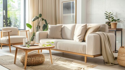 A cozy and inviting living room featuring a beige sofa, wooden coffee table, and a soft throw blanket, creating a sense of calm and relaxation.