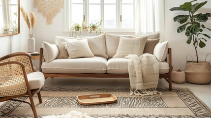 A cozy living room with a beige sofa, a wooden coffee table, a woven rug, a woven chair, a potted plant, and a throw blanket. The room is decorated in a minimalist style with natural textures and colo