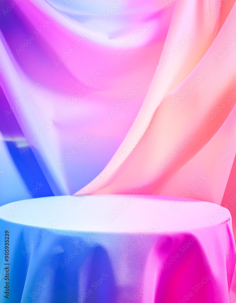 Poster Abstract Colorful Background with Draped Fabric and Round Platform