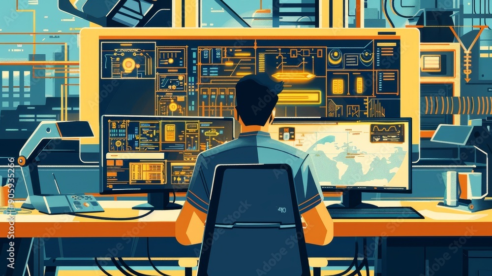 Poster a cybersecurity specialist is sitting in front of multiple monitors, analyzing data and protecting s