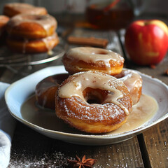 Apple doughnuts with a frosted glaze, dusted in confectioners' sugar and served on a plate with apples nearby, wooden table