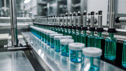 Medical vials on production line at pharmaceutical factory, pharmaceutical machine glass views.