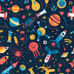 Vibrant Space-Themed Seamless Pattern with Rockets and Planets