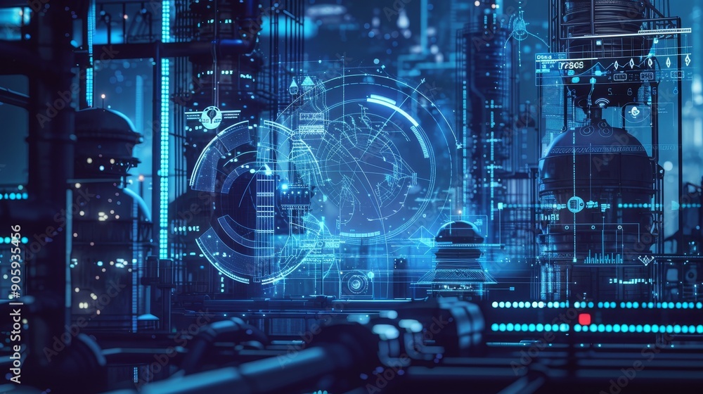 Poster a digital city with glowing holographic interfaces and data streams, representing technological adva