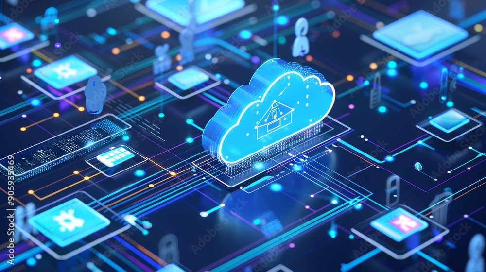 Poster a digital representation of a cloud with a house icon symbolizing secure data storage, connectivity,