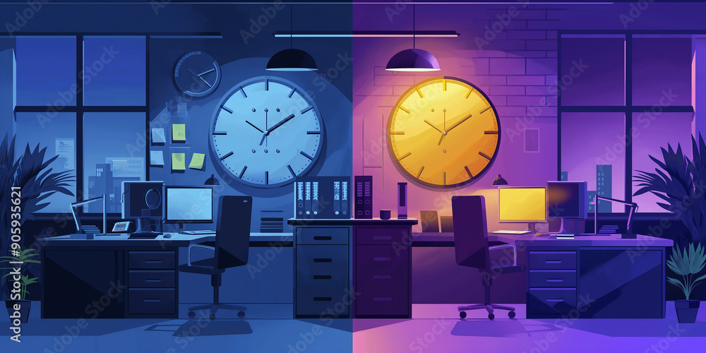 Poster empty modern open space office interior showing day and night time with big clock on wall
