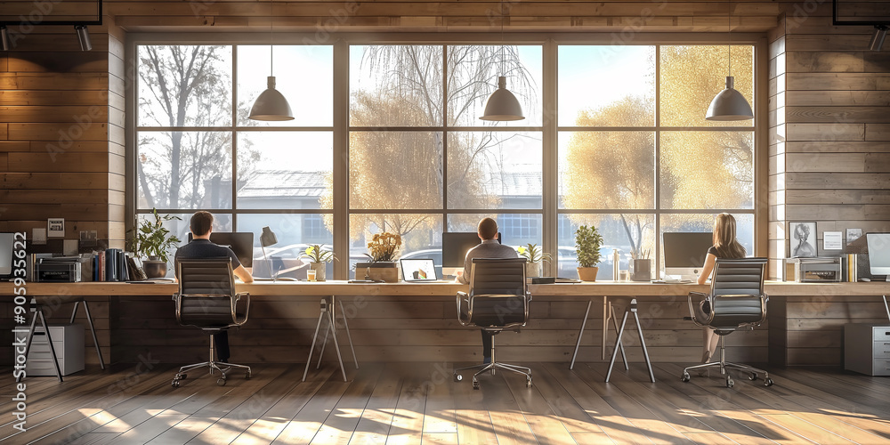Aufkleber three business people working on computers in modern sunny open plan office