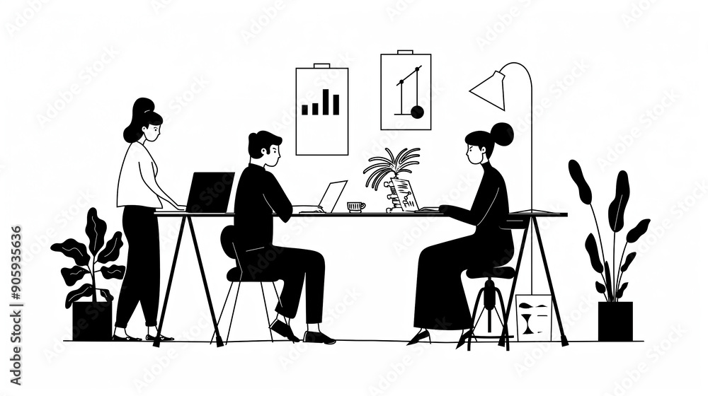 Poster Office workers team working on project using laptop computers in modern office illustration