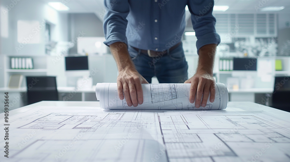 Poster Architect unrolling blueprints on top of other plans in an office