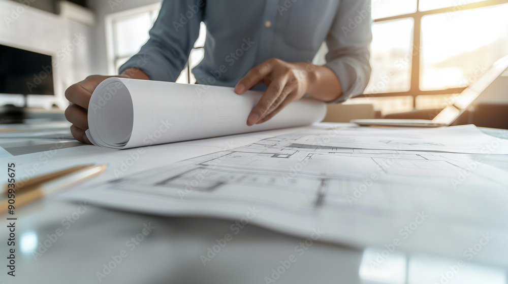 Poster architect reviewing blueprints and spreading out plans on table