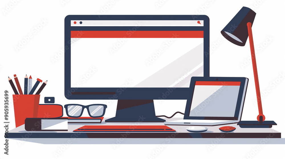 Poster modern office desk workplace with computer laptop and desk lamp