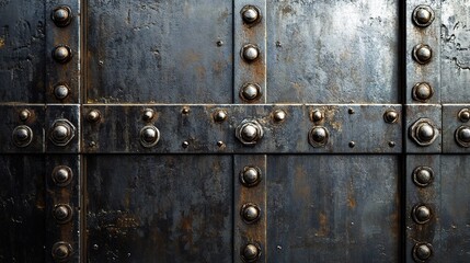 Fototapeta premium Ancient Fortress Gate: A weathered metal surface adorned with rows of rivets, evoking the strength and resilience of a bygone era.