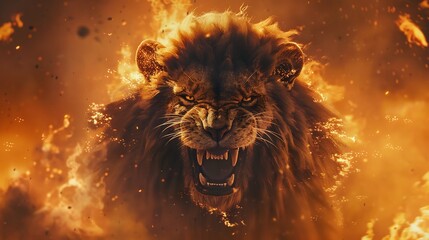 Naklejka premium Wild fire lions cause chaos and destruction against the backdrop of fire.