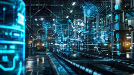 Fototapeta premium A futuristic industrial data center with holographic displays and digital interfaces, showcasing concepts of technology, innovation, connectivity, automation, and efficiency.