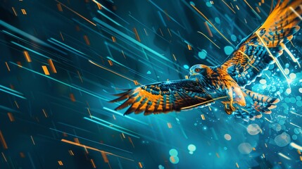 Digital eagle with neon light, dark background,