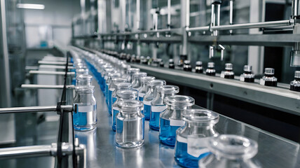 Obraz premium Medical vials on production line at pharmaceutical factory, pharmaceutical machine glass views.